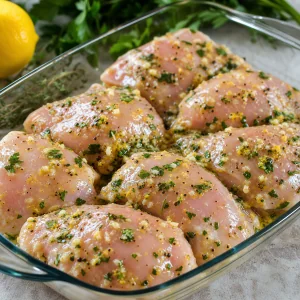 Raw chicken thighs coated in lemon herb marinade