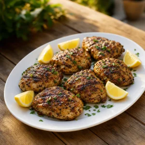 Rested grilled chicken thighs served with lemon and parsley