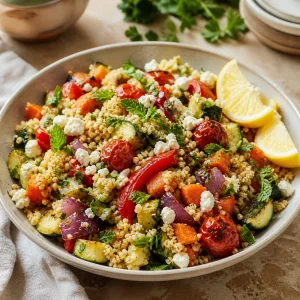 Fertiges Hirse-Pilaf mit geröstetem Gemüse, Feta, Kräutern und Zitrone