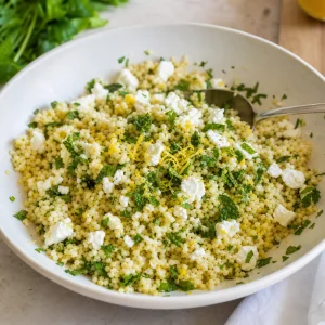 Lockere Hirse mit Kräutern, Zitronenschale, Knoblauch und Feta