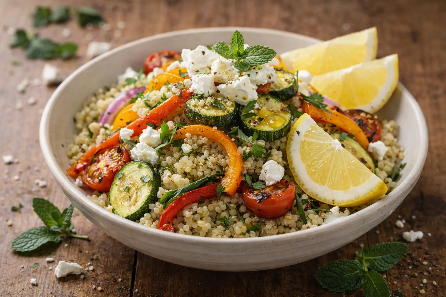 Pilaf de millet citronné aux légumes rôtis et feta savoureux
