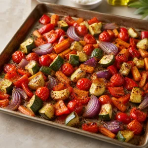 Geröstetes Gemüse mit aufgeplatzten Kirschtomaten auf dem Blech