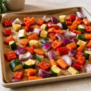 Gewürzte Gemüsewürfel auf einem Backblech