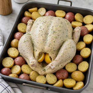 Buttered chicken centered among potatoes with lemon halves in the cavity