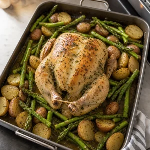 Green asparagus scattered around partially roasted chicken and potatoes