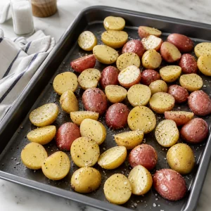 Halved potatoes tossed with olive oil salt and pepper in a roasting pan