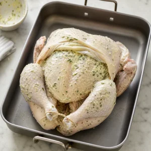 Herb butter rubbed under and over the chicken skin