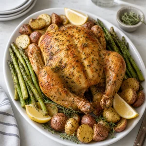 Rested lemon herb roasted chicken served with asparagus potatoes and lemon wedges