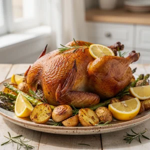 Whole roasted lemon herb chicken served on a platter with asparagus and golden potatoes