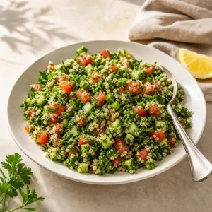 Tabbouleh al limone ed erbe con pomodori e cetriolo su un piatto color crema