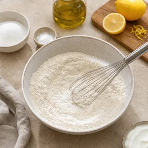 Dry cake ingredients whisked together in a bowl