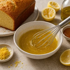 Glossy honey olive oil lemon glaze whisked in a bowl