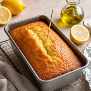 Golden lemon loaf checked with a toothpick after baking