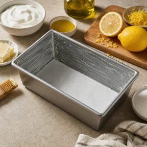 Greased loaf pan lined with parchment for lemon cake