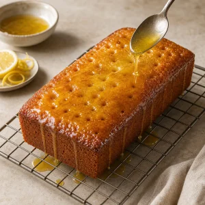 Honey lemon glaze spooned over a pricked warm loaf cake
