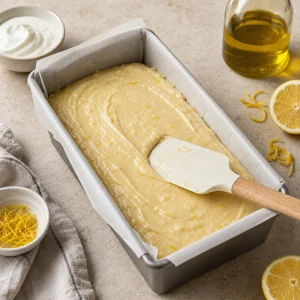 Lemon cake batter smoothed in a parchment lined loaf pan