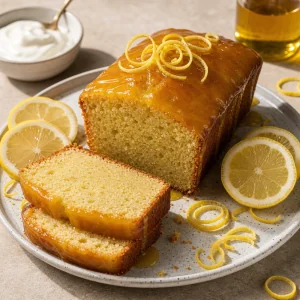 Sliced lemon yogurt loaf cake with glossy glaze and lemon zest