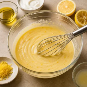 Smooth lemon yogurt mixture whisked with eggs and olive oil