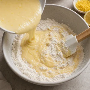 Wet lemon batter folded into dry flour mixture