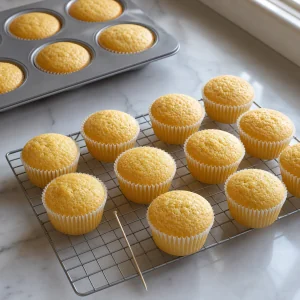 Baked lemon cupcakes cooling on a wire rack