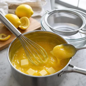 Butter whisked into thick lemon curd