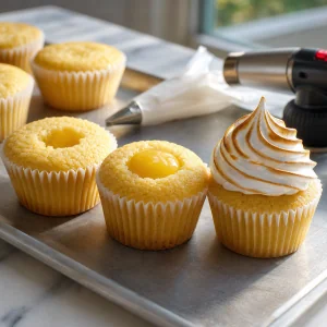 Cupcakes cut, filled with curd, and topped with meringue