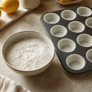 Muffin pan lined beside the dry ingredients
