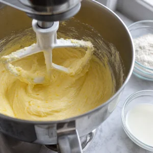 Pale lemon cupcake batter in a mixer bowl