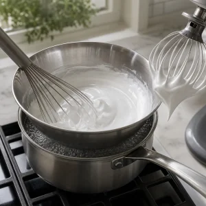 Swiss meringue whisked over simmering water
