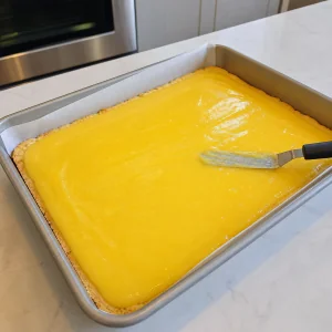 Crema al limone brillante stesa uniformemente sulla base cotta
