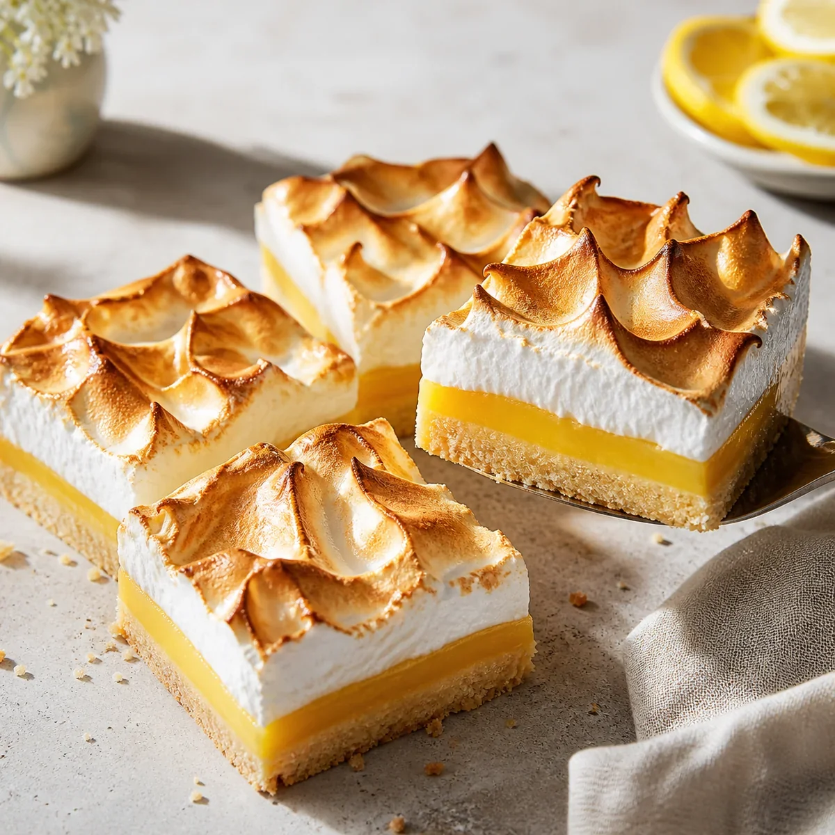 Quadrotti al limone con meringa dorata e strati netti di crema e base friabile