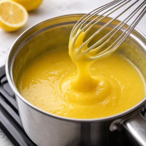 Crema al limone liscia e lucida che ricade a nastro dalla frusta