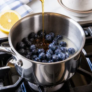 Blaubeeren und Zitronensaft in einem Topf, während Ahornsirup zugegeben wird