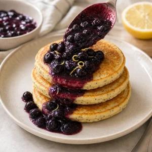 Blaubeersauce wird über einen warmen Stapel Zitronen-Mohn-Pancakes gelöffelt