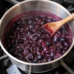 Blaubeersauce köchelt in einem Topf mit ganzen und aufgeplatzten Beeren