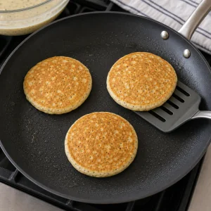 Gewendete Zitronen-Mohn-Pancakes werden in der Pfanne goldbraun