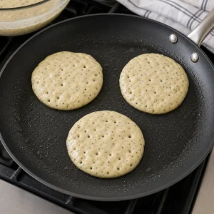 Zitronen-Mohn-Pancakes garen mit Bläschen auf der Oberfläche