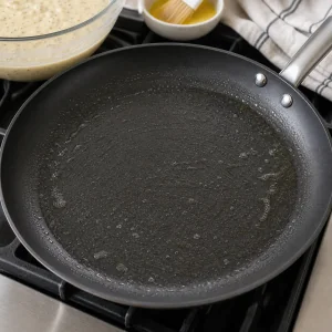 Leicht gefettete Pfanne erhitzt sich neben Pancake-Teig