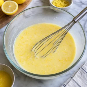 Milch, Eier, Butter und Zitronenschale in einer Glasschüssel verquirlt
