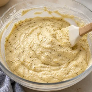 Dicker Zitronen-Mohn-Pancake-Teig wird mit einem Spatel untergehoben