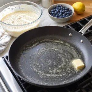 Butter melting in a non-stick skillet before cooking pancakes