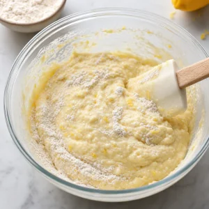 Dry ingredients gently folded into lemon ricotta pancake batter