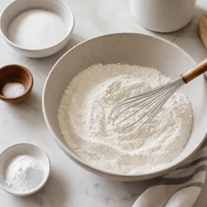 Flour, sugar, baking powder, and salt whisked in a mixing bowl