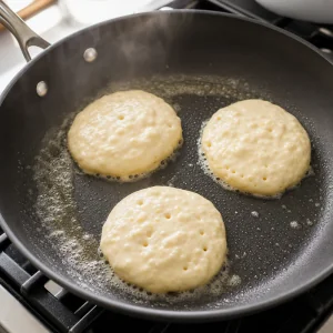 Lemon ricotta pancake batter cooking until bubbles appear and edges set