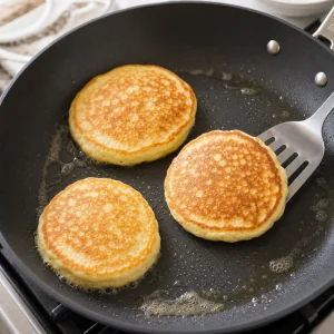 Lemon ricotta pancakes flipped and cooking until golden brown