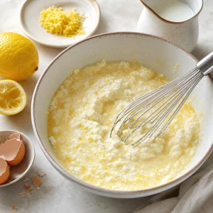 Ricotta, eggs, milk, vanilla, lemon zest, and lemon juice whisked together