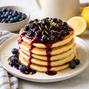Warm lemon ricotta pancakes stacked with fresh blueberry compote on top