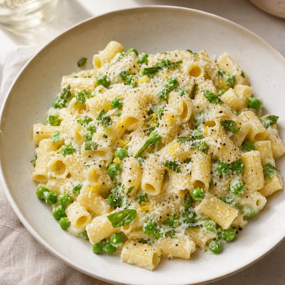 Finished lemon ricotta pasta with peas in a bowl