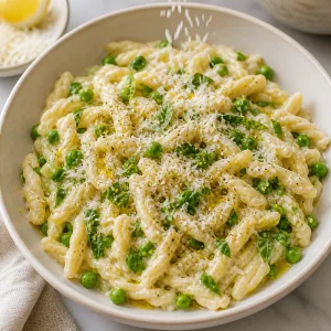 Finished pasta topped with basil, Parmesan, and olive oil