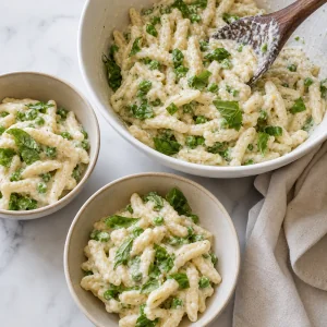 Fresh basil folded into creamy pasta before serving